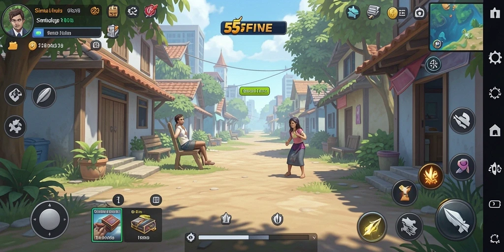 Screenshot gameplay <strong>55FIVE</strong> menunjukkan karakter yang berinteraksi dalam lingkungan hidup yang dinamis.