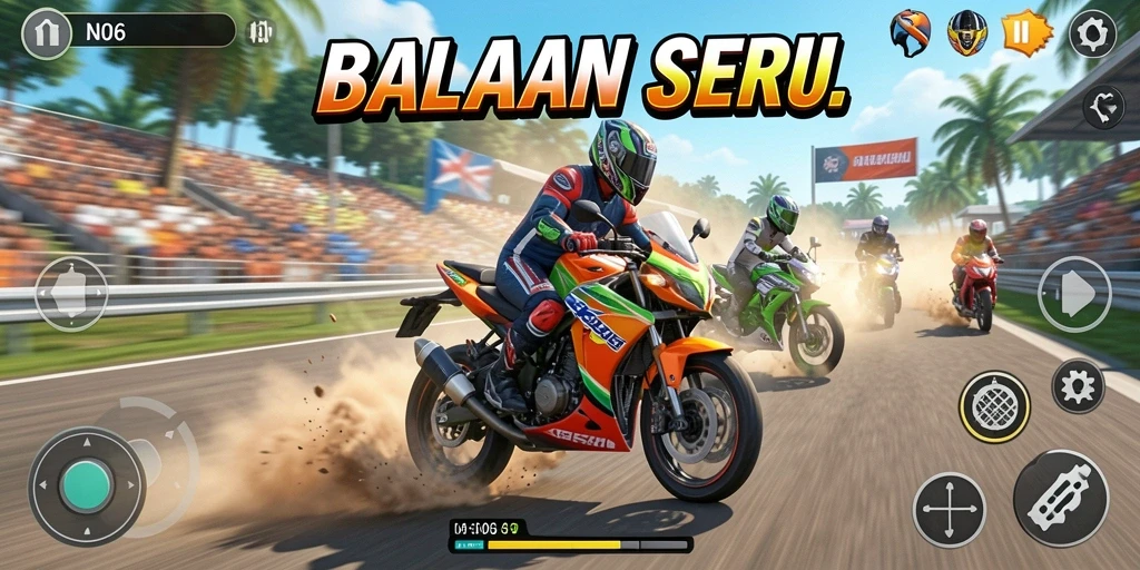 Gameplay N06 menampilkan balapan motor yang seru dan menantang di lintasan.