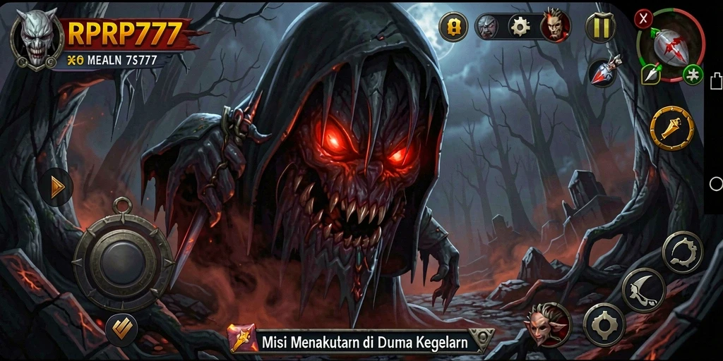 Screenshot menampilkan karakter utama RPRP777 dalam kegelapan yang mencekam.