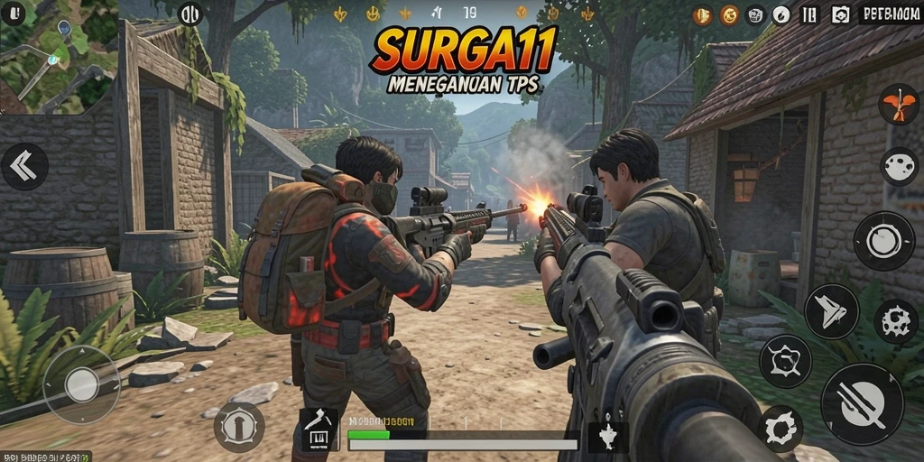 Gameplay SURGA11 dengan aksi tembak-menembak yang seru dan dinamis.